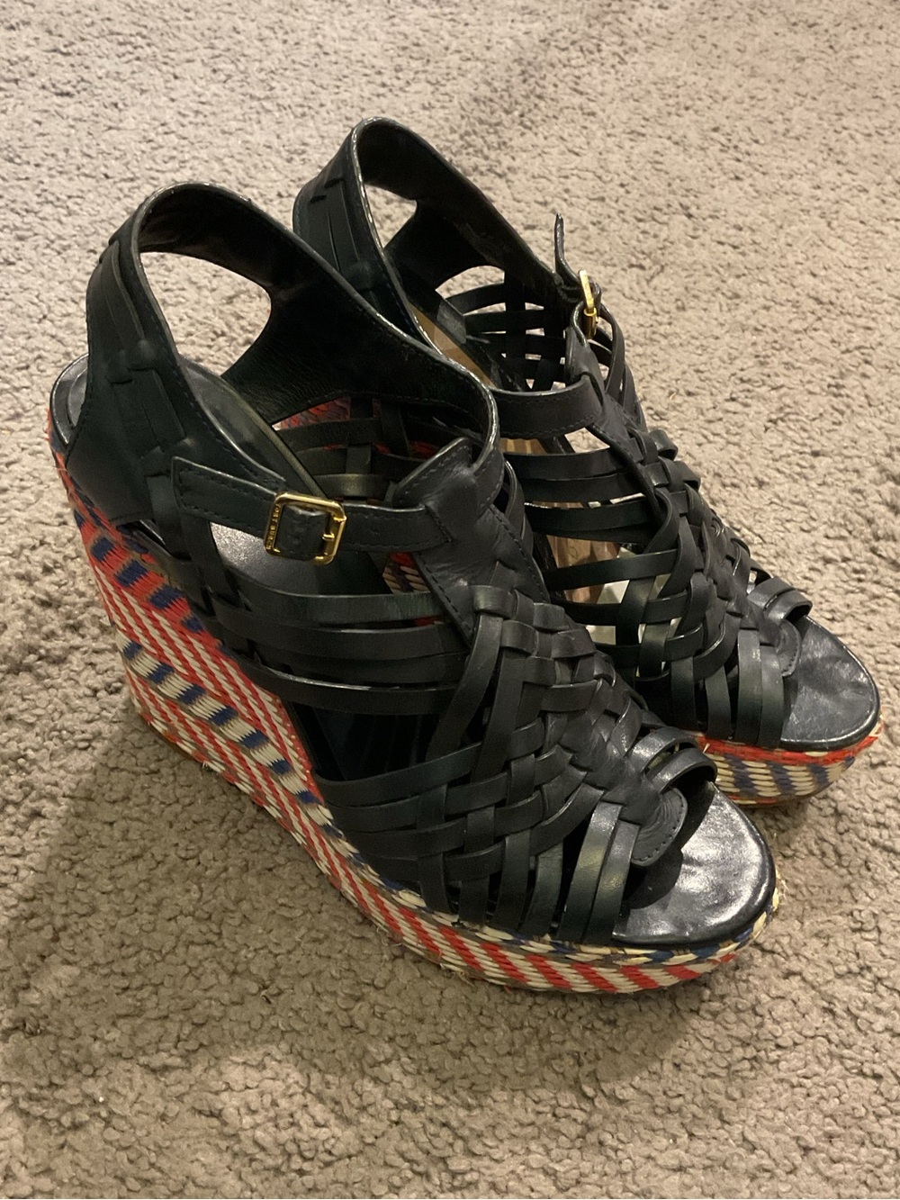 Tory Burch Black Woven Leather Wedge Sandals Espadrille Zigzag Platform Heels, 9